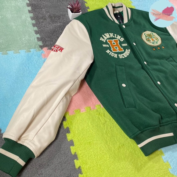 NWOT Ltd. Ed. H&M, Green, Stranger Things Hawkins High Tigers Letterman Jacket - Picture 3 of 13